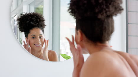 Woman,-skincare-and-bathroom-mirror-face-check