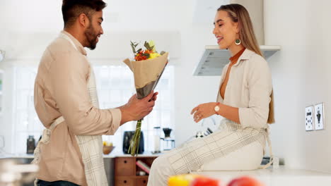 Couple-love,-flowers-and-happy-cooking-together