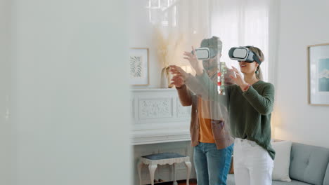 Vr-gaming,-young-couple-and-virtual-headset