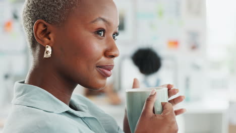 Black-woman-drink-coffee,-thinking
