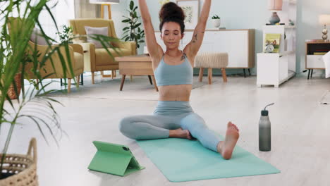 Woman,-tablet-and-yoga-live-streaming-class