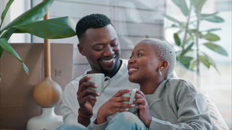 New-home,-coffee-and-black-couple-about-moving