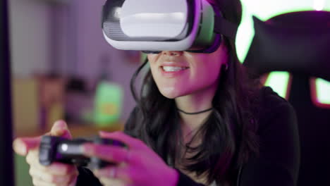 Virtual-reality,-video-gamer-woman-with-metaverse