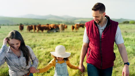 Farmer-family,-cow-farm-and-field-walk-with-girl