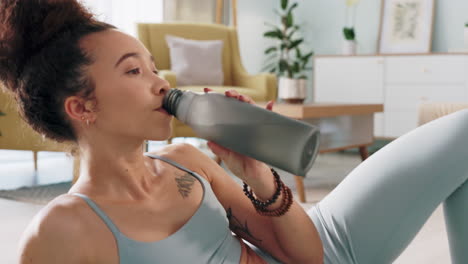 Fitness,-relax-and-woman-drinking-water-in-living
