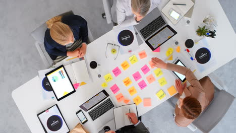 Top-view,-sticky-notes-and-teamwork-of-business