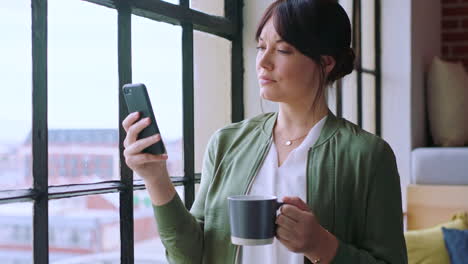 Phone,-coffee-and-business-woman-in-office