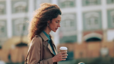 Woman,-clock-and-walking-with-coffee-to-work-fast