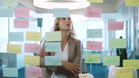 Sticky-note,-reading-and-business-woman-planning