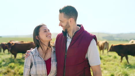 Portrait,-love-and-happy-couple-on-a-cattle-farm