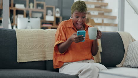 Excited,-celebration-and-black-woman-with-phone