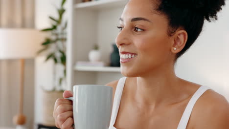 Black-happy-woman,-coffee-and-home-morning-routine
