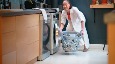 Washing-machine,-laundry-and-woman-cleaning