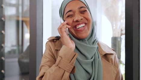 Muslim-business-woman,-laughing-and-phone-call