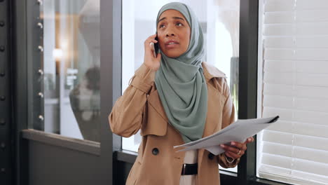 Phone-call,-talking-and-Muslim-business-woman