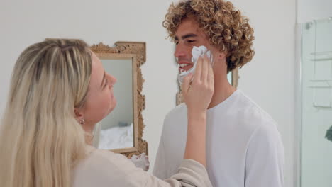 Couple,-shaving-and-bathroom-with-foam-for-facial