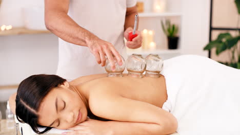 Woman,-spa-and-cupping-therapy-on-patient-back
