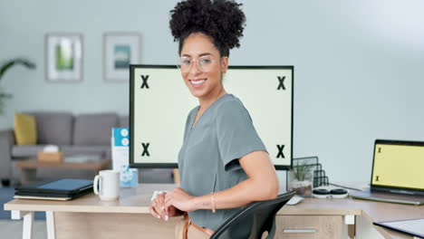 Portrait,-black-woman-and-business-at-computer