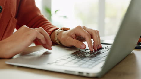 Woman,-hands-and-typing-on-laptop-for-working
