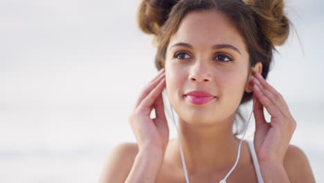 Woman,-headphone-and-music-outside-with-a-happy