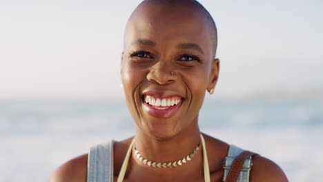 Black-woman,-bald-or-laughing-face-by-beach