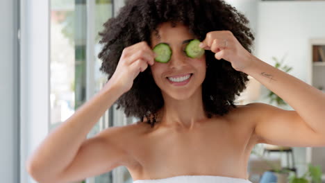Black-woman,-afro-and-spa-cucumber-eye-care