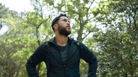 Man,-thinking-and-hiking-in-nature-forest
