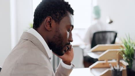 Phone-call,-black-man-and-conversation-in-office