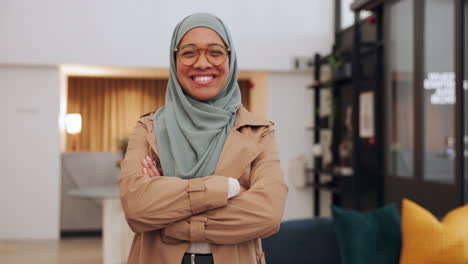 Hijab,-muslim-and-happy-working-woman-feeling