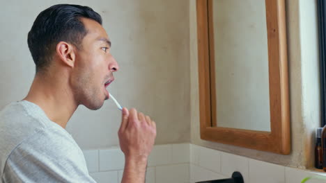 Man-with-toothbrush-in-bathroom-mirror-for-dental