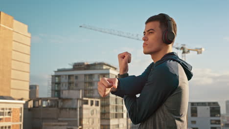 Man,-music-headphones-or-fitness-stretching