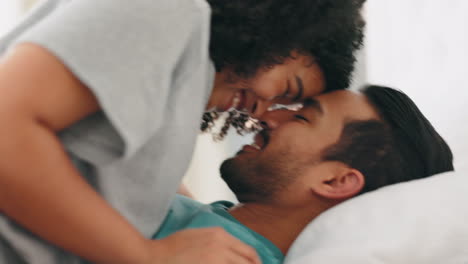 Love,-funny-and-playful-with-a-black-couple-in-bed