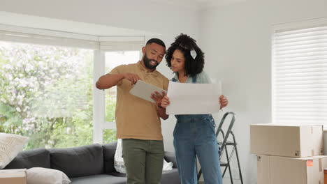 Black-couple,-real-estate-and-tablet-for-interior