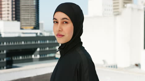 Fitness,-city-workout-and-muslim-woman-in-hijab