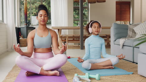 Meditation,-yoga-and-mother-with-girl-in-living