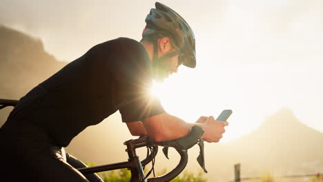 Mountain-bike,-phone-and-bicycle-man-in-nature