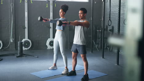 Exercise,-black-woman-and-man-with-kettlebell