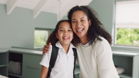 Mother,-child-and-hug-in-school-uniform-in-home