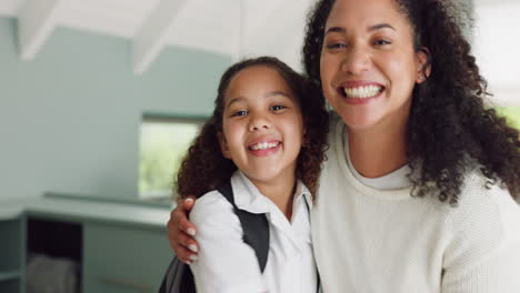 Black-mother,-child-and-hug-in-school-uniform