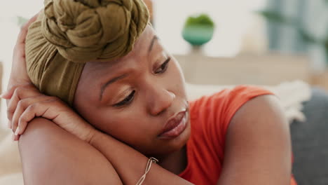 Sad,-depression-and-anxiety-of-black-woman-on-sofa