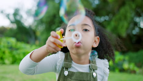 Black-girl-kid-blowing-soap-bubbles-in-park