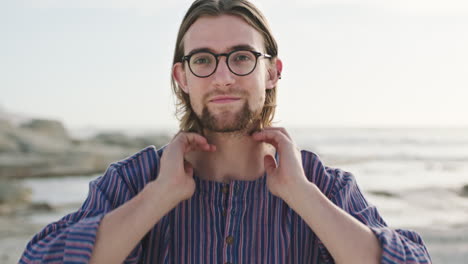 Face,-beach-and-man-with-glasses-on-vacation