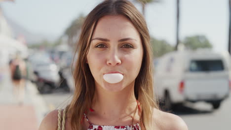 Face,-portrait-and-woman-blowing-bubblegum