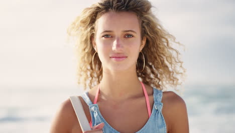 Face,-woman-and-calm-with-curly-hair-at-beach
