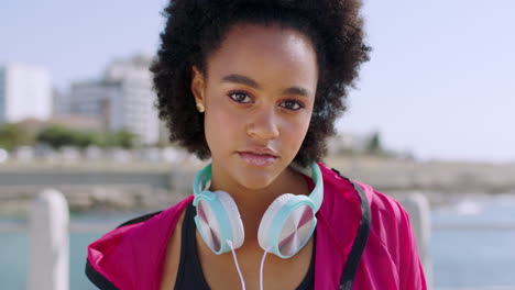 Beach,-headphones-and-face-of-black-woman