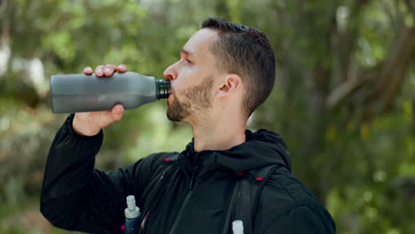 Hiking,-nature-and-man-drinking-water-in-bottle
