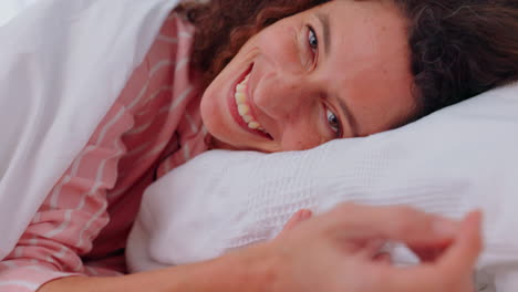 Happy,-relax-and-woman-in-bed-portrait-awake
