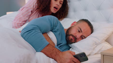 Jealous,-bed-and-woman-reading-phone-communication