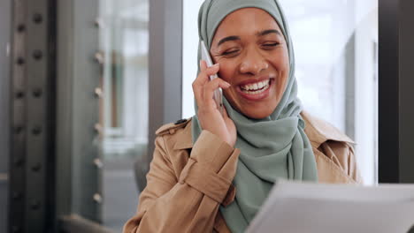 Phone-call,-paperwork-and-hijab-woman