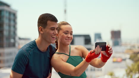 Phone,-fitness-friends-and-selfie-in-city